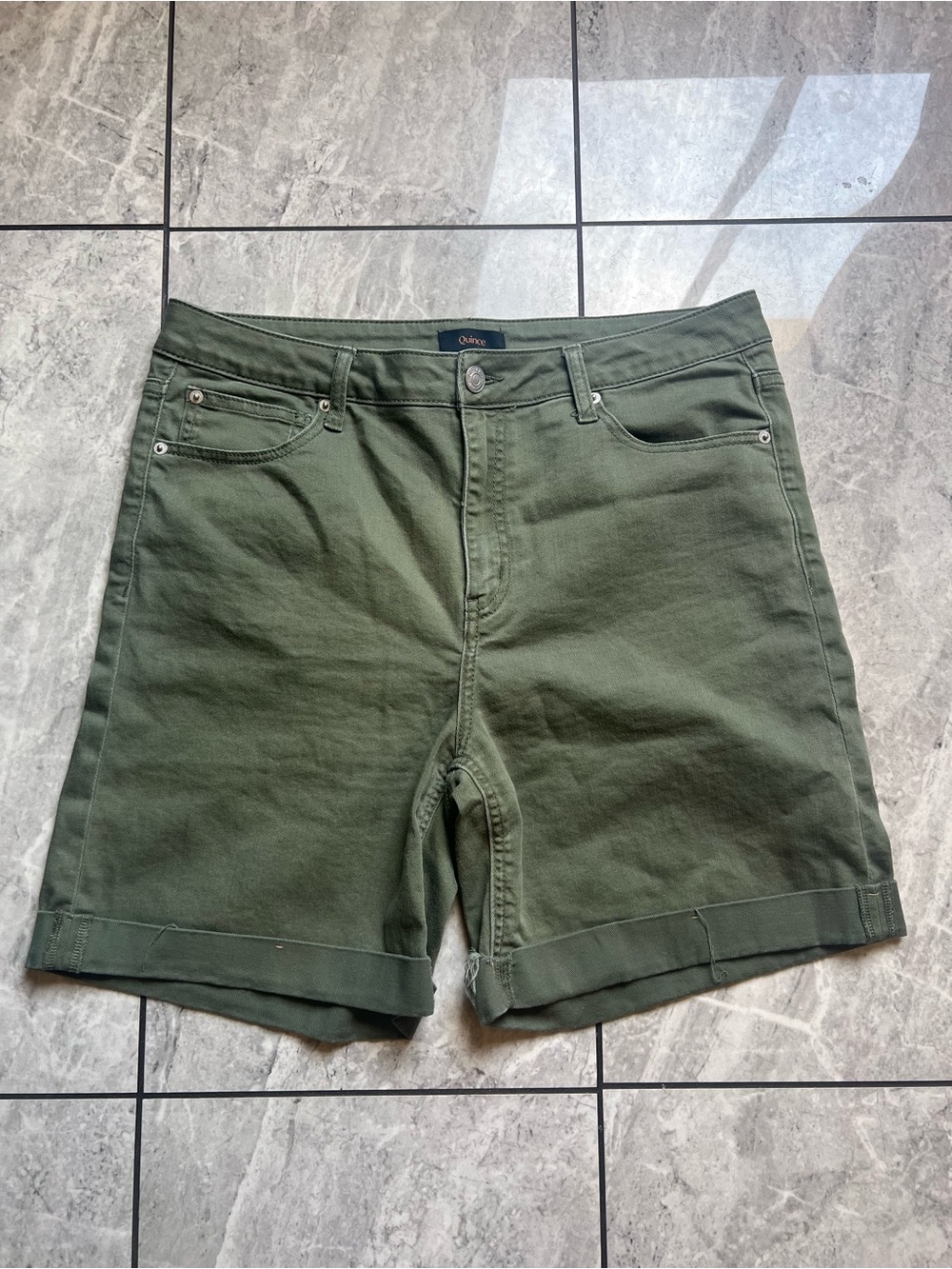 Quince Bella Stretch Wide Leg Short Jeans Loden Green High Rise Denim Cuffed 32